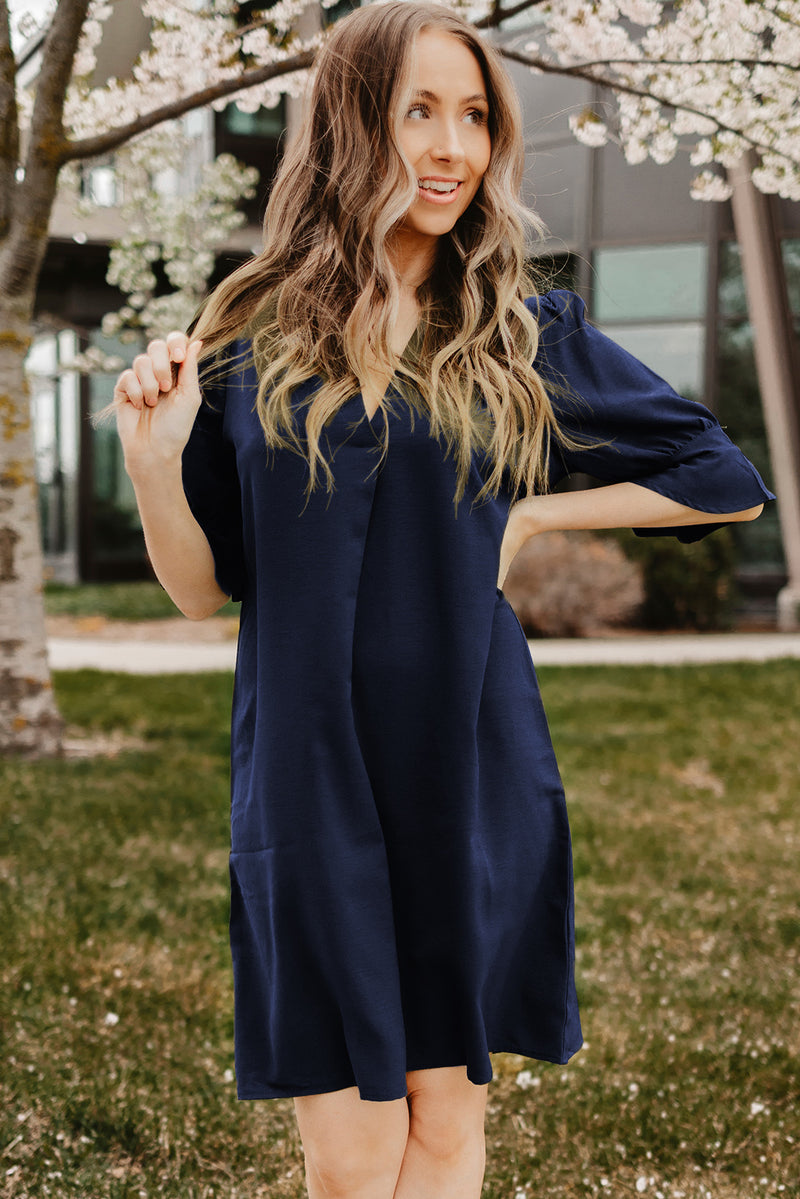 Puff Sleeve Notched Mini Shift Dress