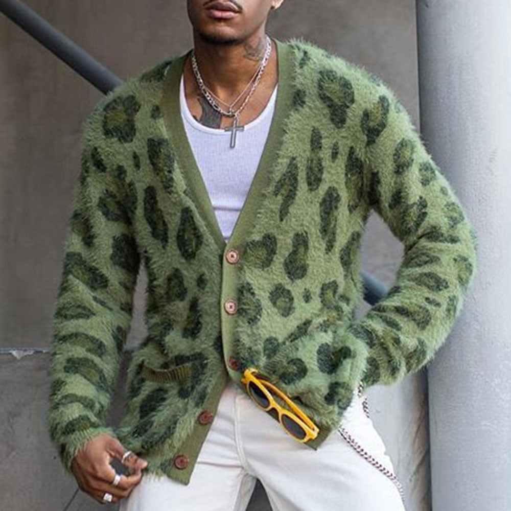 Men's V-Neck Button Down Plush Leopard Print Jacket