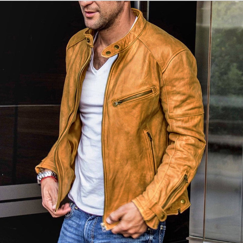 Fall Winter Men PU Leather Stand Collar Punk jacket