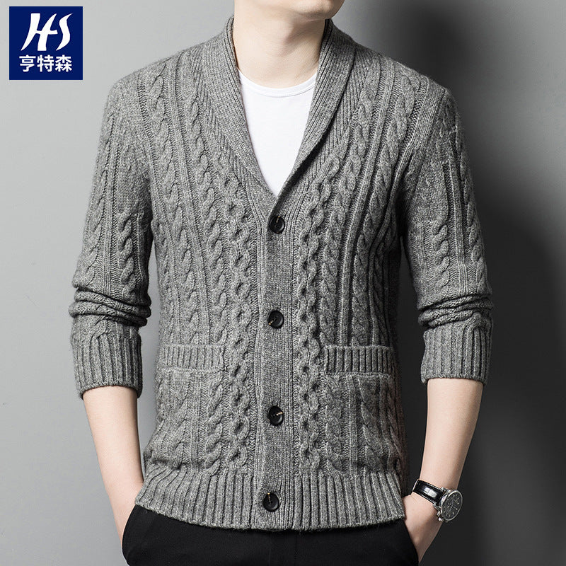 Cardigan lavorato a maglia da uomo, jacquard spesso, maglione monopetto