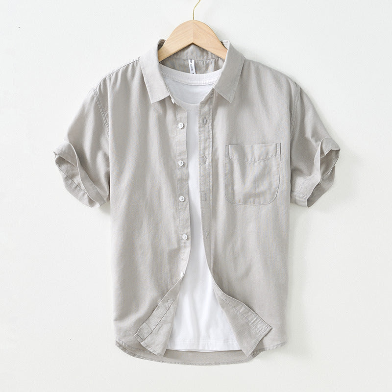 Men's Cotton And Linen Square Collar Casual Short-sleeved Shirt