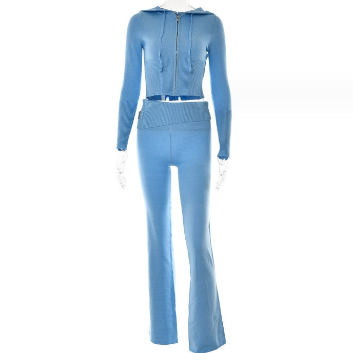 Women Leisure Sexy Zip Long Sleeve Sweater And High Waist Long Pants Set