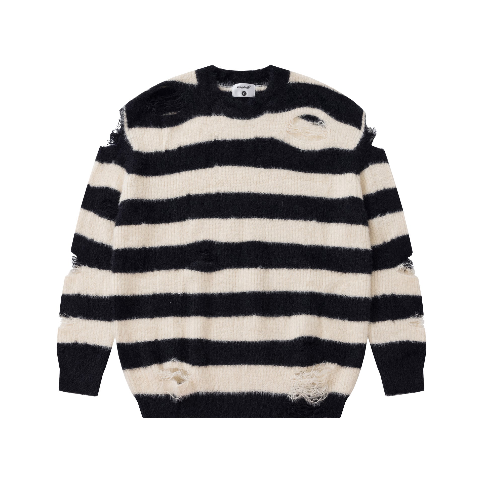 Maglione pullover strappato a scollo tondo a righe