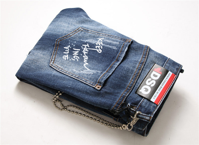 mens denim zipper blue hole Pencil Pants