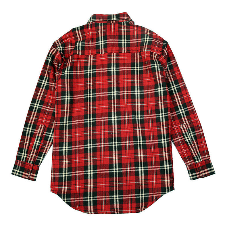 Scottish Red Plaid Long Tattered Rock Bottoming Cotton Shirt