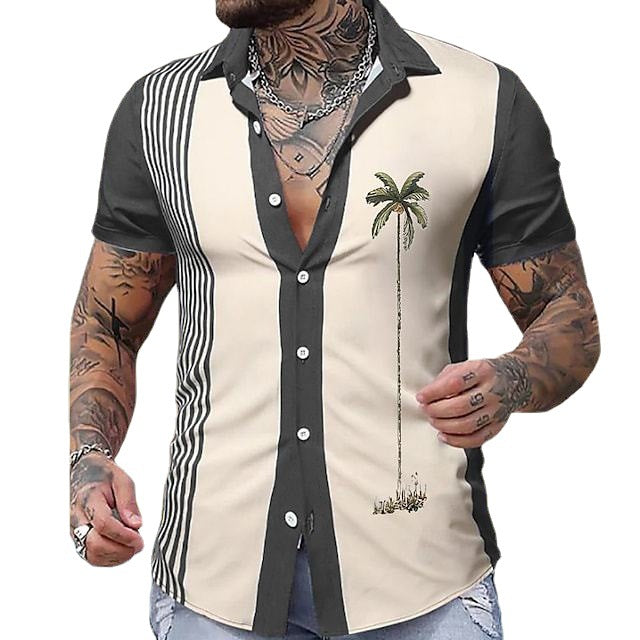 Hawaiian Palm Print Lapel Pocket Shirt