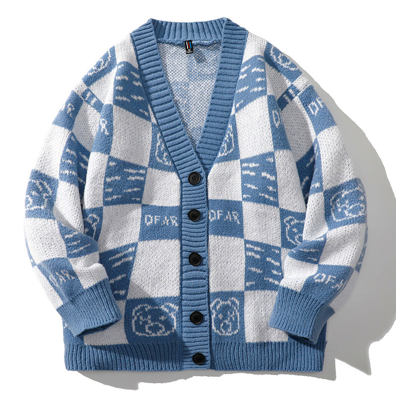 Knitted Cardigan Plaid Sweater Men's