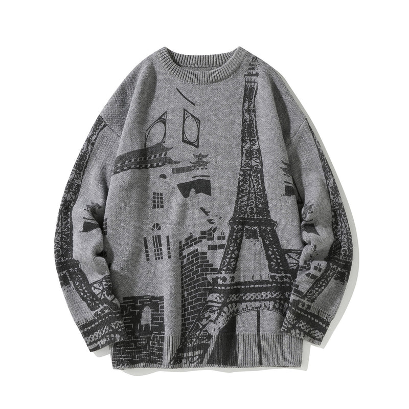 Suéter suelto con cuello redondo grande para hombre con estampado de la Torre Eiffel
