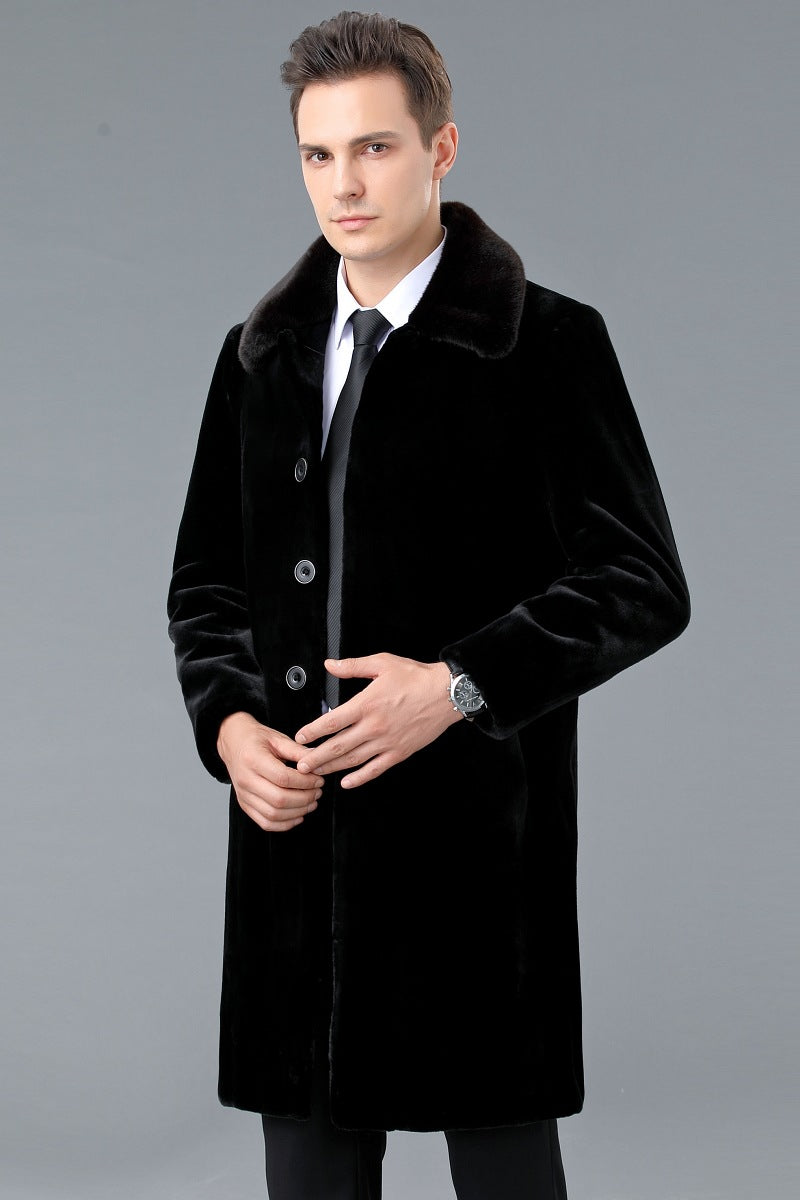 Abrigo largo de armiño de cuero para hombre de mediana edad