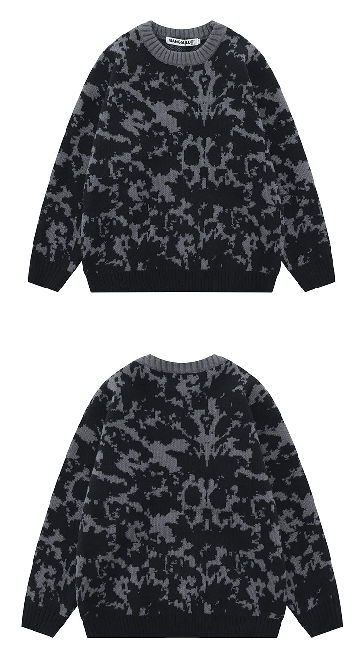 Smoky Rain Dark Contrasting Color Jacquard Knitwear Sweater