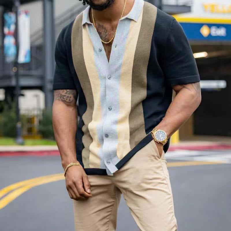 Men's Striped Casual Short-sleeved Knitted Cardigan shirt