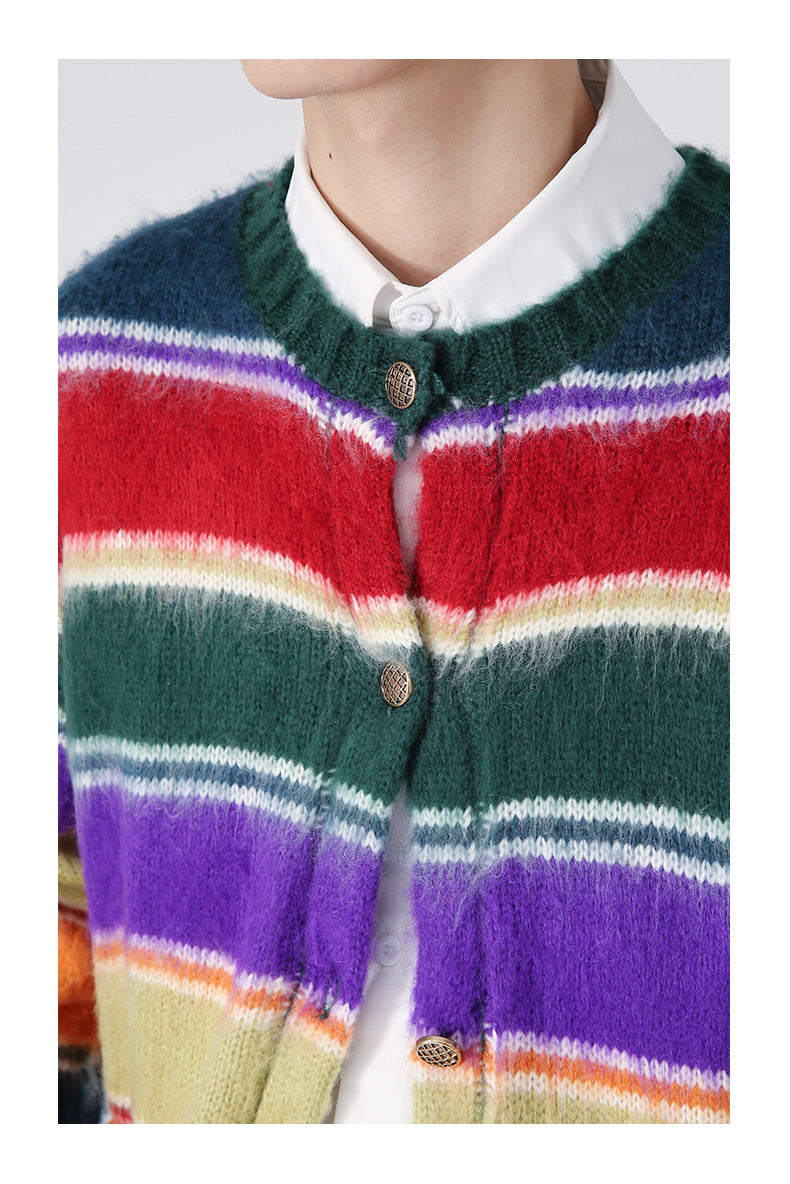 Retro Contrast Color Rainbow Striped Cardigan Knitted Sweater For Men