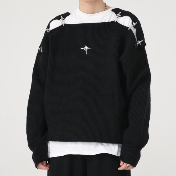 Korean Style Metal Buckle Hollow Design Knitted Sweater
