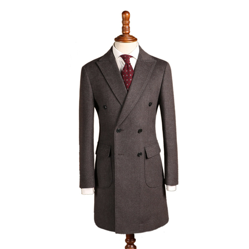 Herringbone Woolen Mid Length Double Breasted trench Coat