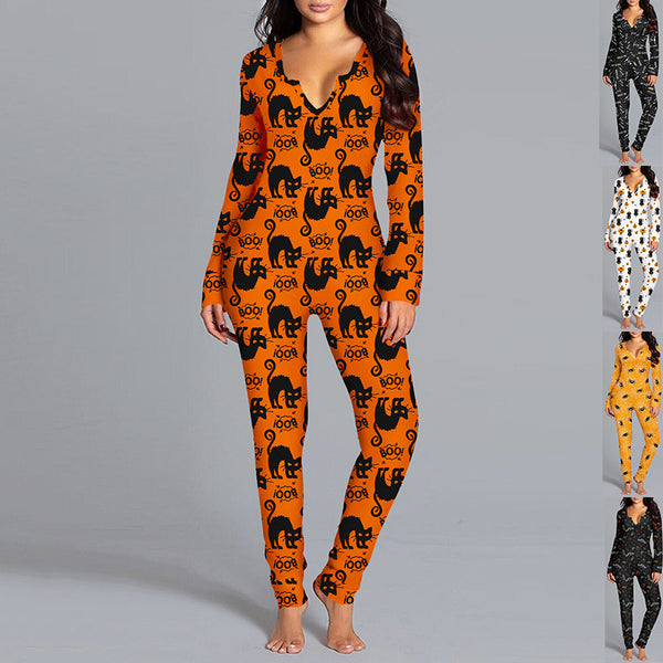 Halloween Printed Jumpsuit Long Sleeve Home Pajamas