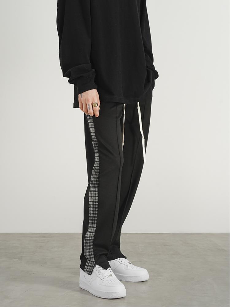 Checked Webbing String Label Straight Slit Sweatpants