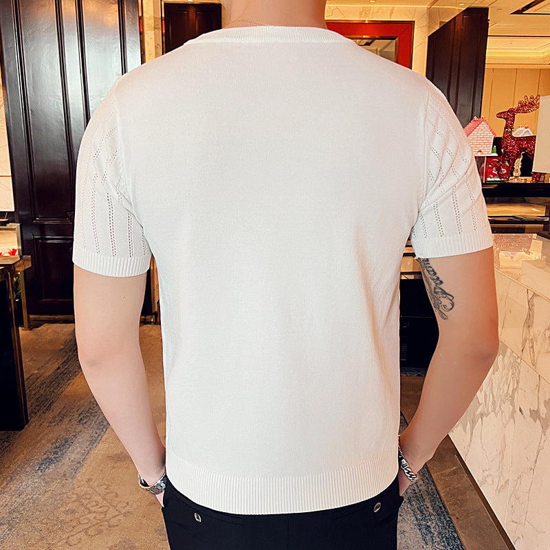 Camiseta calada con cuello redondo de seda helada de media manga