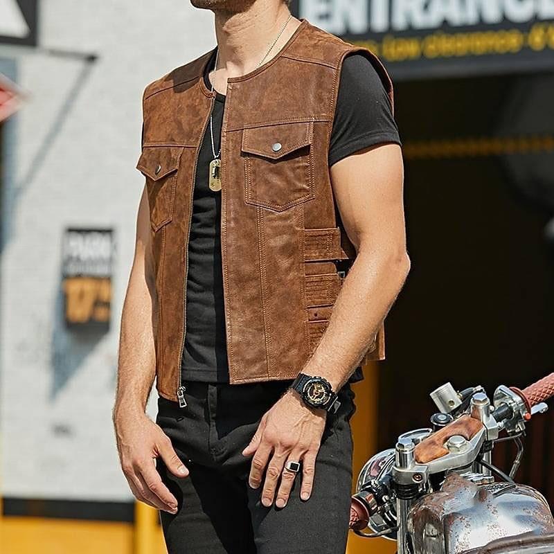 Men's Single-breasted leather Waistcoat