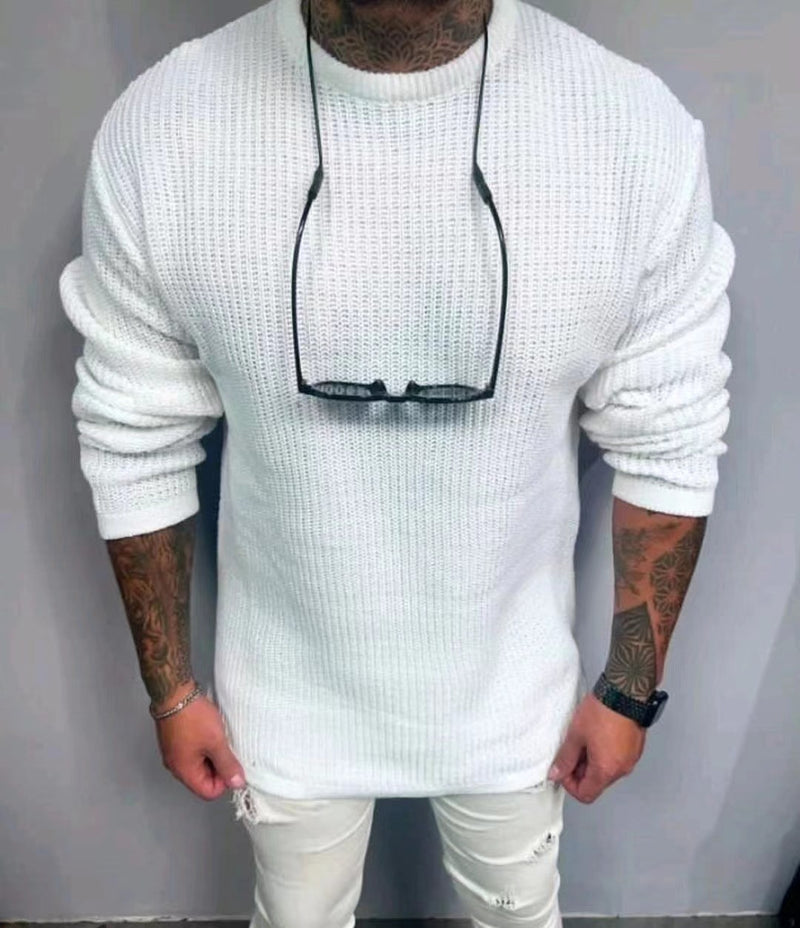 Men's Solid Color Waffle Round Neck Pullover sweater