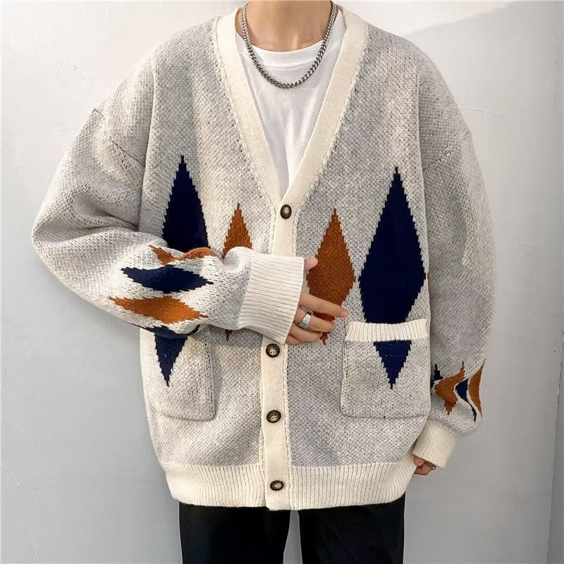 Retro Diamond Lattice Cardigan Sweater Lazy High-grade Men's Coat