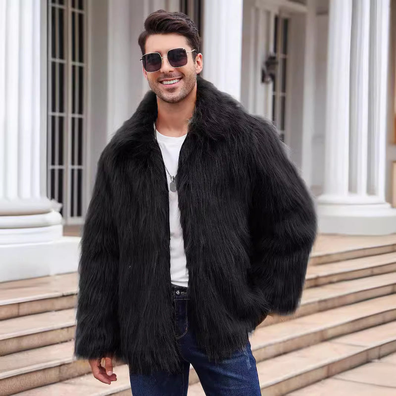 Men's Lapel Short Faux Fur Jacket Warm Overcoat