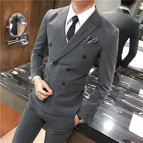 Men's Double Breasted Slim Fit Casual Suit Pants Set