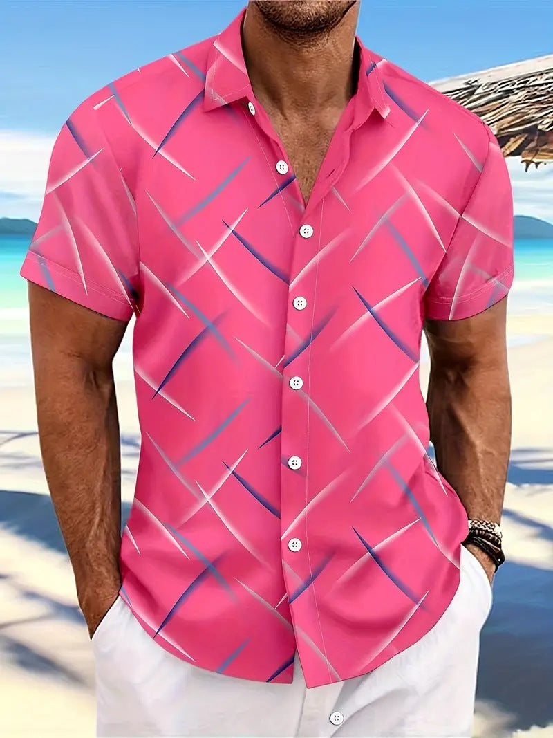 Summer Men's Striped Feather Casual Beach Short Sleeve Button Shirt