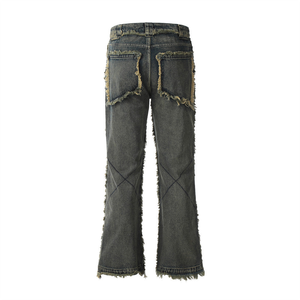 Heavy Craft Frayed Cat Beard Stitching Tassel Jeans For Men