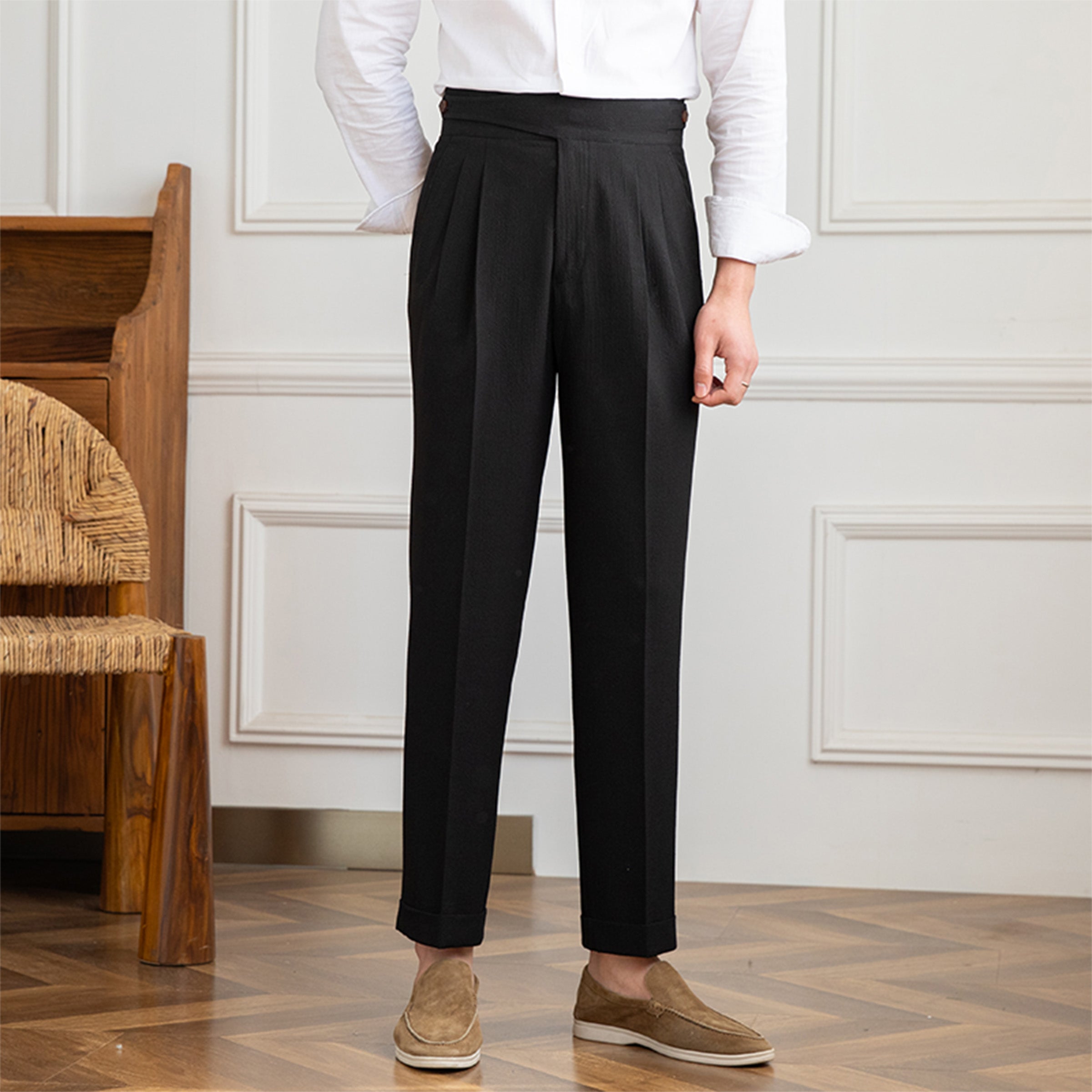 Moneglia Seersucker Double Pleated Straight Fit Trousers