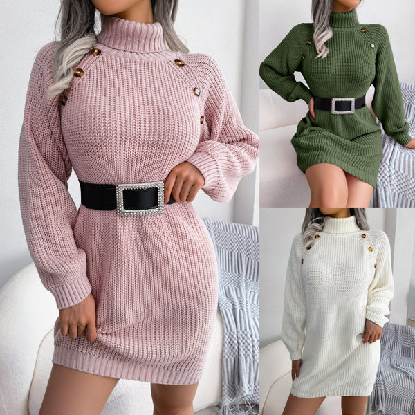 Winter Turtleneck Long Sweater Dress With Button Design Leisure Base Sweater Women