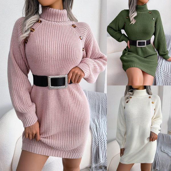 Winter Turtleneck Long Sweater Dress With Button Leisure Clinch sweater