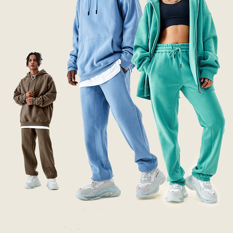 Fleece-lined Thick Loose Solid Color Sweatpants