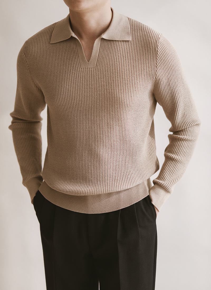 Textured Buttonless Knit Long Sleeve Polo Shirt