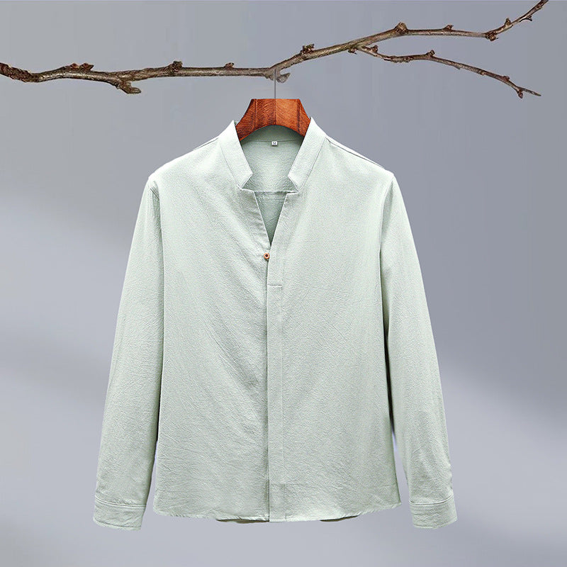 Cotton And Linen Crepe Solid Color Men's Long-sleeved Shirt