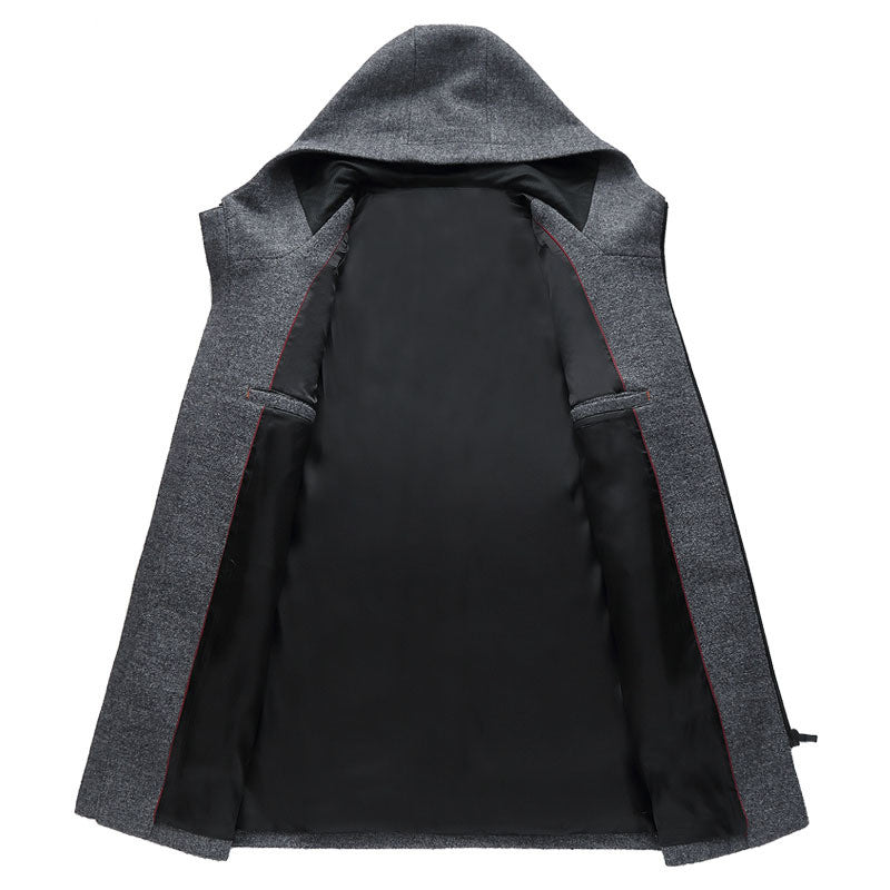 Autumn And Winter Woolen Coat Men's Windbreaker Mid-length Hooded