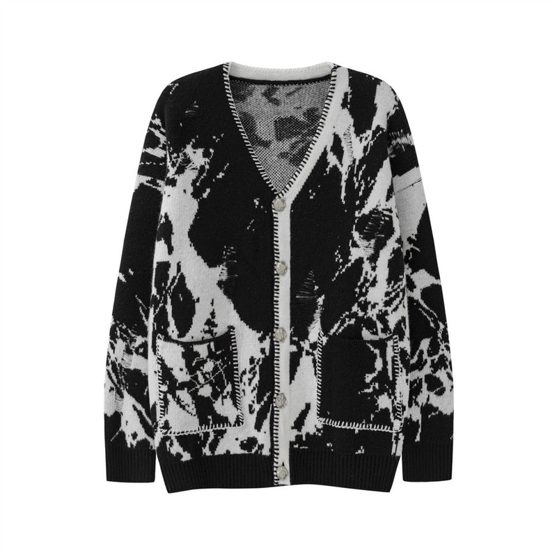 Contrast Stitching Jacquard V-neck Knitted Cardigan Men's
