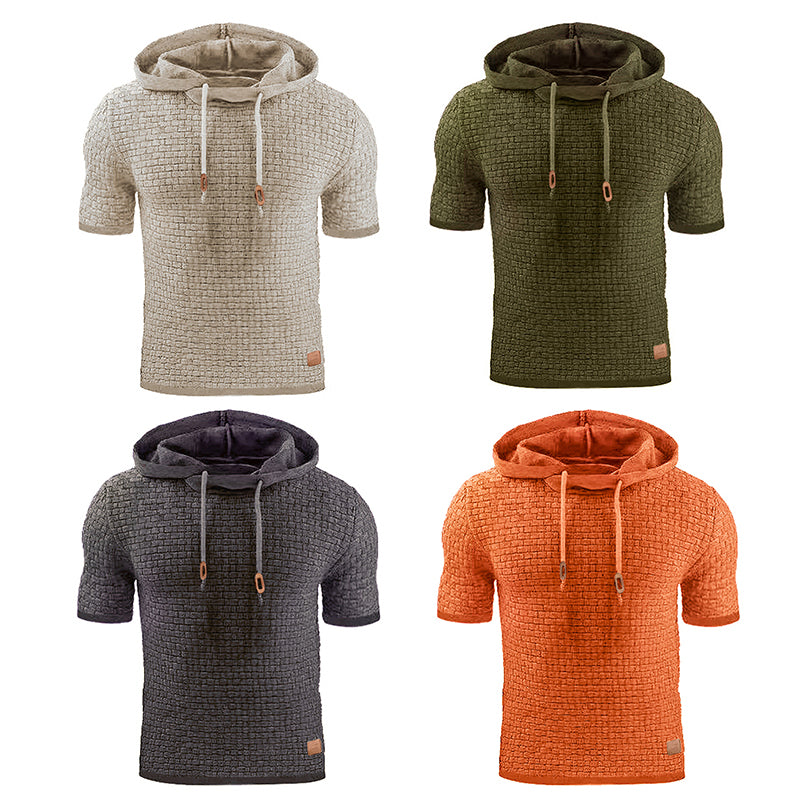 Mens Hooded Sweatshirt Short Sleeve Solid Knitted Hoodie Pullover Sweater