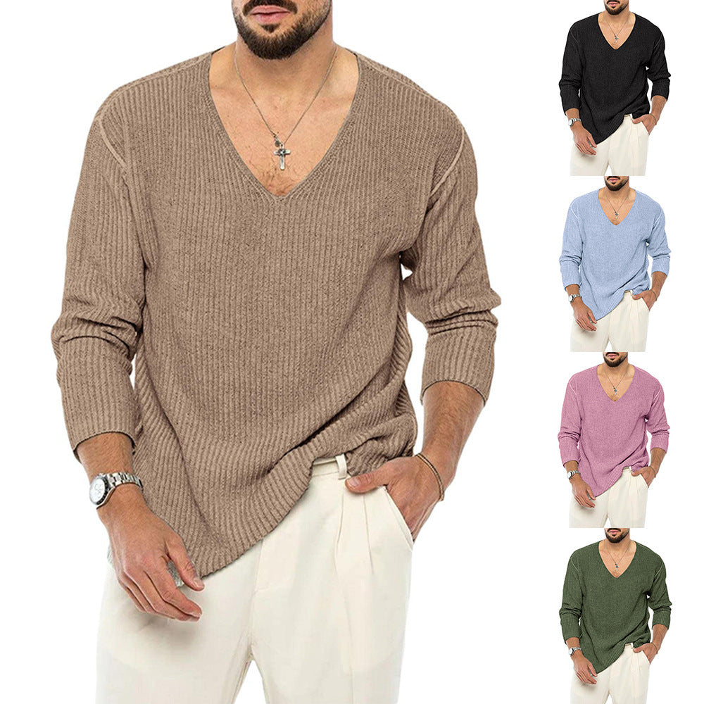 Maglione lavorato a maglia alla moda a maniche lunghe con scollo a V e tinta unita