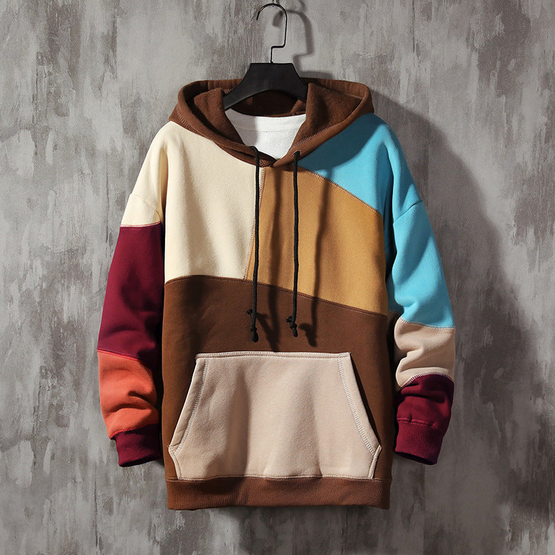 Fleece Casual Loose Color-blocking Pullover hoodie