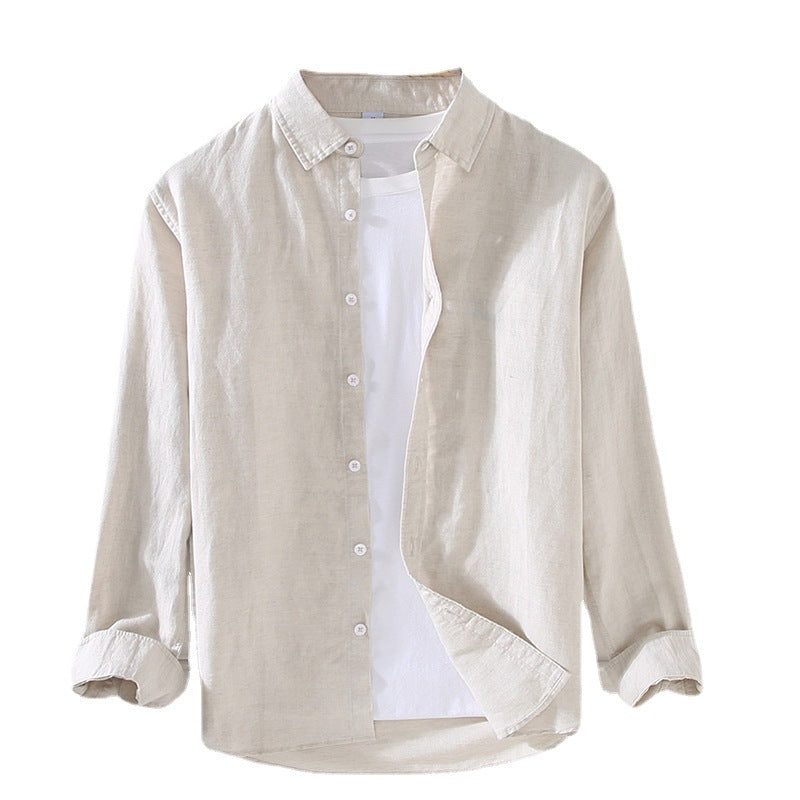 Spring And Summer Men's Linen White Long-sleeved Shirt