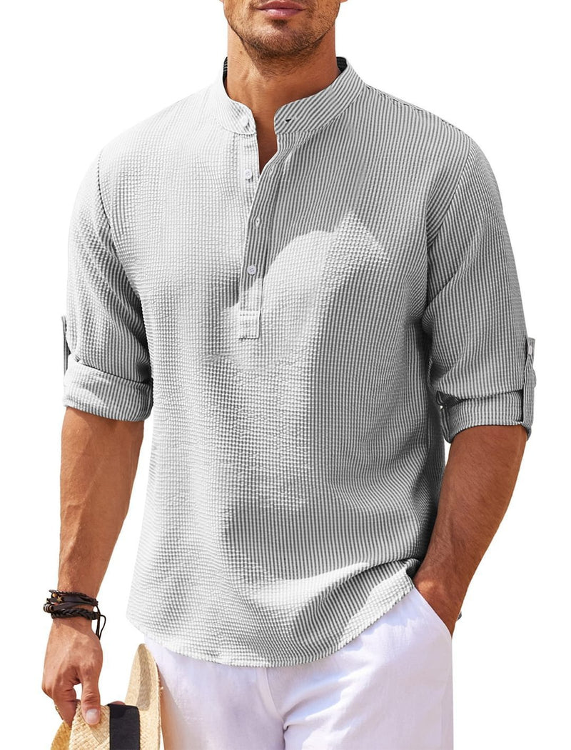 Men's Casual Long Sleeve Stand Collar Solid Color Shirt