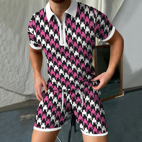 Traje de camisa POLO de manga corta con estampado 3D, pantalones cortos con cremallera para hombre