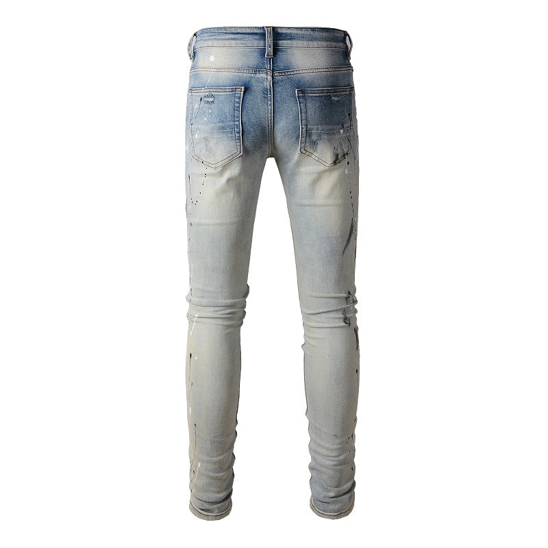 Light Colored Paint Splashed Ink Used Water Washed Torn Jeans