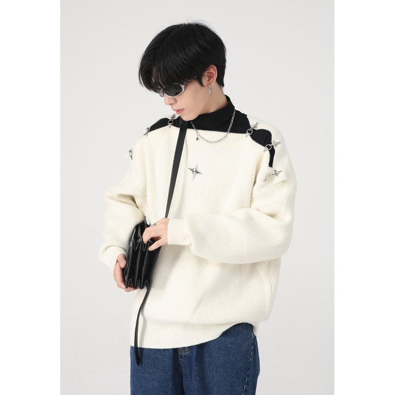 Korean Style Metal Buckle Hollow Design Knitted Sweater