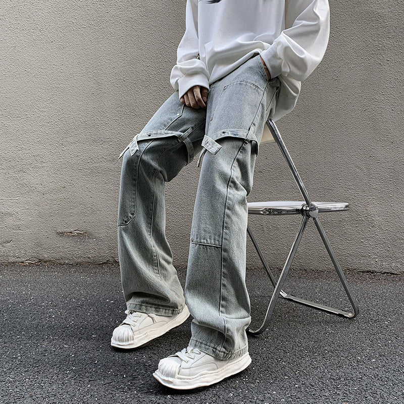 Jeans casuales de tubo recto suelto con remaches para ropa de trabajo para hombres