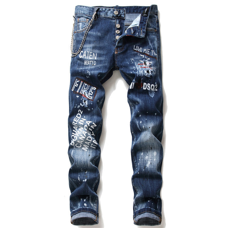 mens denim zipper blue hole Pencil Pants