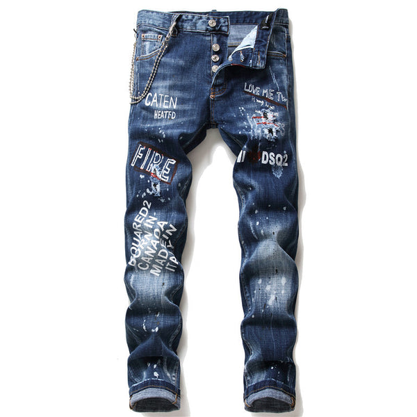 mens denim zipper blue hole Pencil Pants