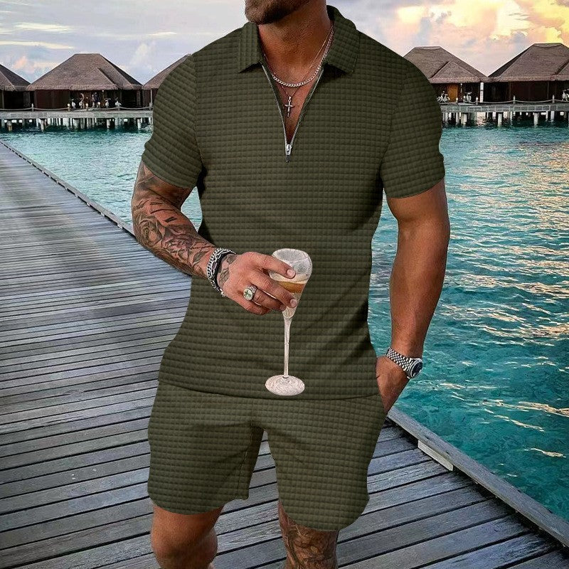 Men's Summer Casual Plaid Jacquard Weave Zip Short Sleeve Suit