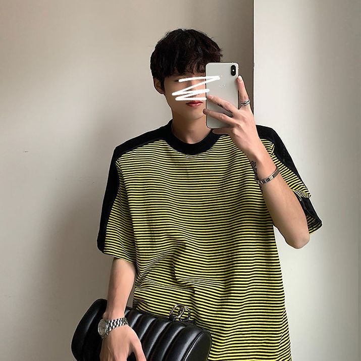 Men's Striped Stitching T-shirt With Shoulder Pads