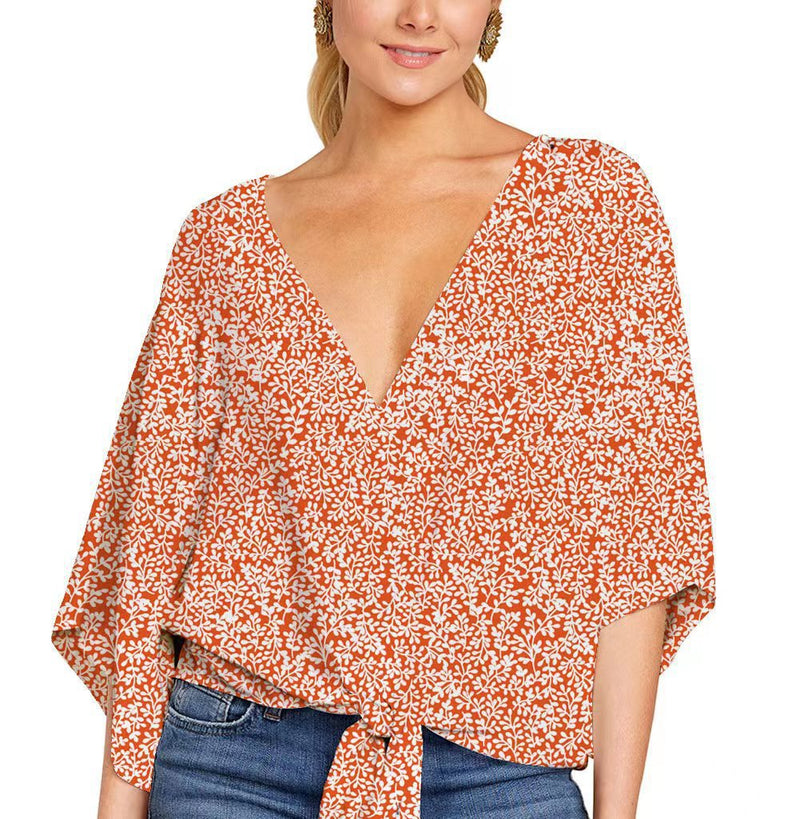 V-Neck Shirt Floral Printed Top Short Sleeve